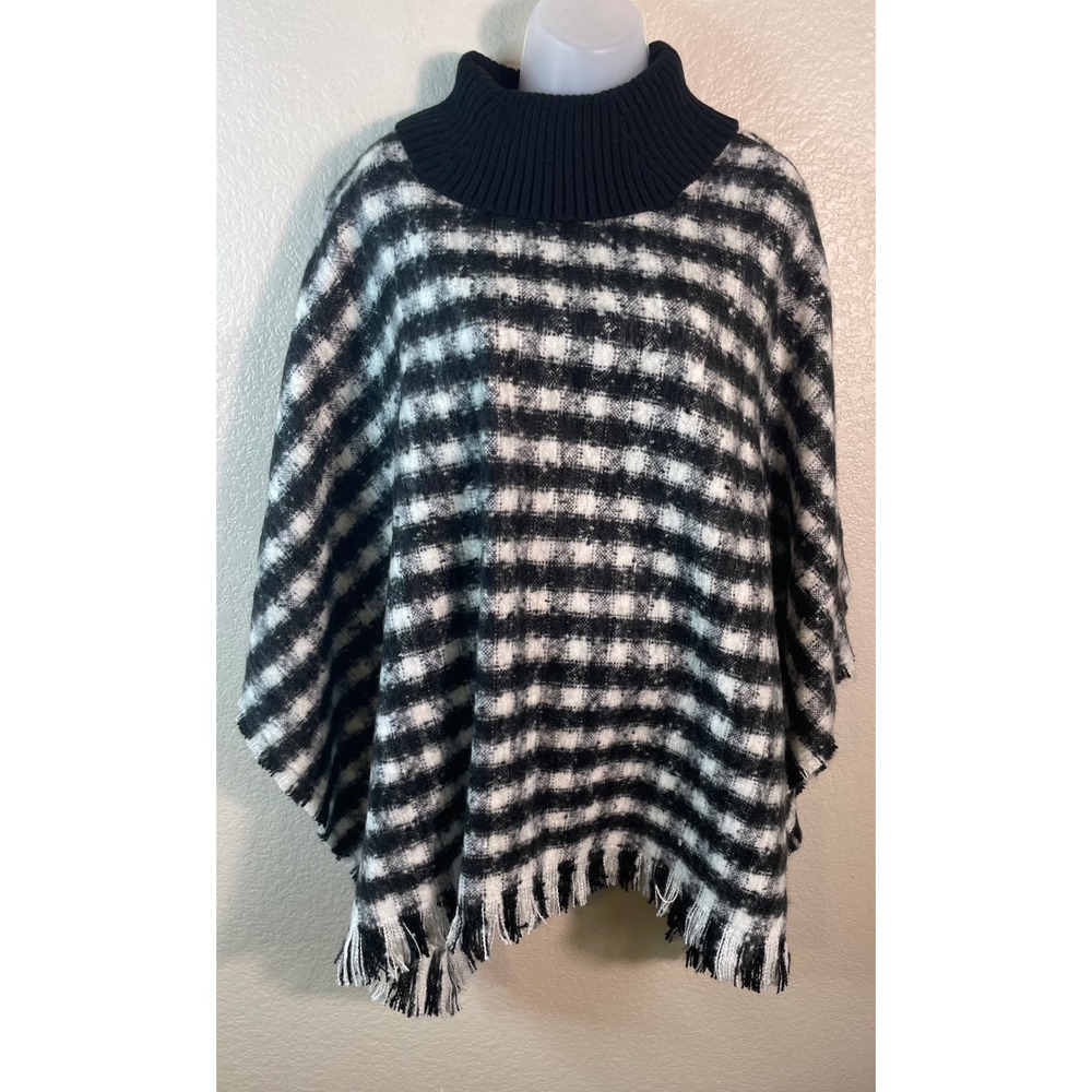 Chicos Women L/XL Poncho Black White Plaid Turtleneck Fringe Knit Sweater Preppy